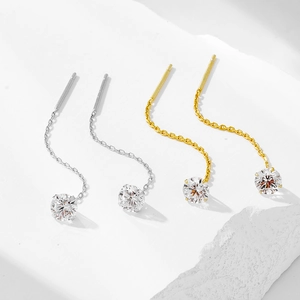 Elegant S925 silver and gold tassel threader earrings with round cubic zirconia stones