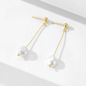 925 Sterling Silver Natural Pearl Drop Earrings For Women Gold Plated Tassel Baroque Long Bar Dangle Earrings Jewelry