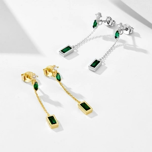 S925 sterling silver emerald zircon drop earrings with long chain fringe pendants