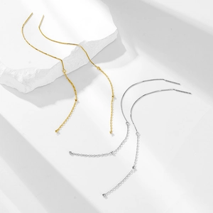Minimalist S925 sterling silver long tassel threader earrings with delicate round beads