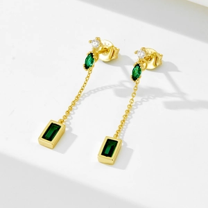 S925 Sterling Silver Earring Post Green Zirconia Tassel Drop Earrings For Women Geometric Long Chain Emerald Style Jewelry