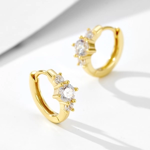 Elegant gold S925 silver hoop earrings featuring three sparkling zircon stones