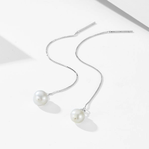 Elegant S925 sterling silver drop earrings featuring long chains and lustrous natural pearls