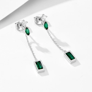 S925 sterling silver tassel earrings with emerald green zircon stones and long chain design