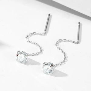 S925 sterling silver drop chain earrings with sparkling round cubic zirconia stones