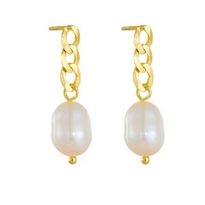 Gold plated 925 silver drop earrings with baroque pearls and Cuban link chain