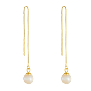 Elegant S925 silver long tassel chain earrings with glossy natural white pearls