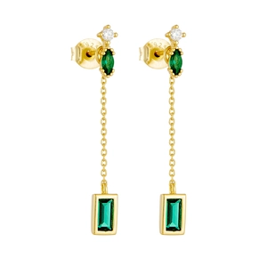 S925 silver gold-plated long drop earrings featuring emerald zircon and delicate chains