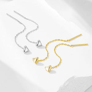 S925 sterling silver heart long chain threader earrings in gold and silver finish