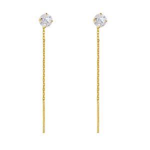 Elegant s925 silver long chain tassel earrings with round cubic zirconia in gold finish