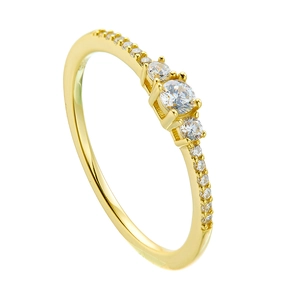 Bague élégante en argent S925 plaqué or avec trois zircons ronds et accents diamants