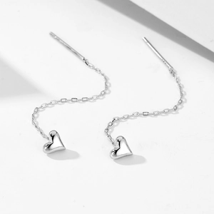 S925 sterling silver heart pull-through threader earrings with high polish finish