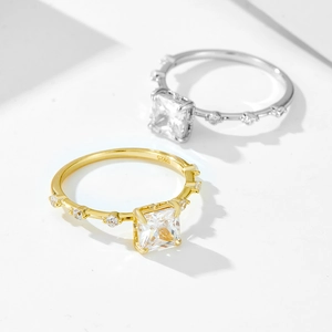 Elegant S925 sterling silver ring with square zircon and side stones in gold and silver