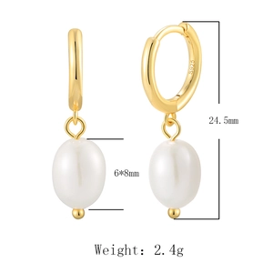 Detail of S925 silver pearl drop earrings with 24.5mm length and 6x8mm pearl size