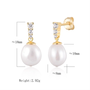 Detailed size parameters of S925 sterling silver freshwater pearl earrings with zircons