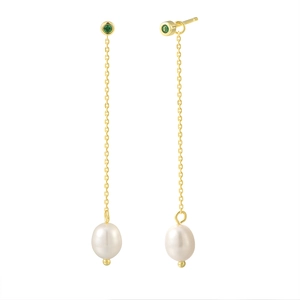 Elegant S925 silver long drop earrings with green zircon and white pearl tassels