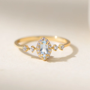 925 Sterling Silver Marquise Sky Blue Rhinestone Halo Ring For Women Elegant Gold Plated Geometric Fashion Jewelry Finger Ring