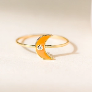 Minimalistischer S925 Silberring mit Vergoldung und orangem Emaille-Mond-Design