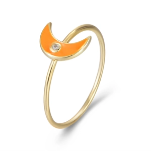 S925 Sterling Silber Mond Ring mit orangefarbenem Emaille und Zirkonia auf Weiß