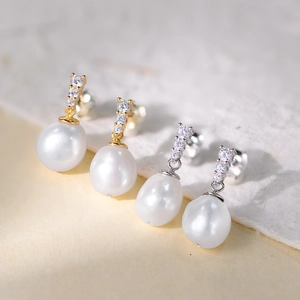 Elegant s925 silver freshwater pearl drop earrings with sparkling zircon inlay stones