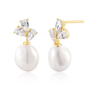 Elegant s925 silver pearl drop earrings with sparkling leaf-shaped zircon crystals
