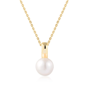 Macro shot of natural freshwater pearl pendant with gold rectangular clasp on silver chain