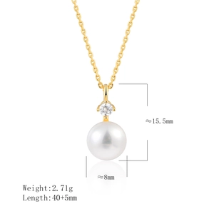 Detail view of 8mm white pearl pendant necklace with S925 silver chain and dimensions