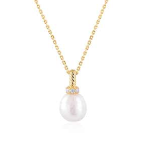 Collana in argento 925 con perla naturale, gancio dorato a corda e zirconi brillanti