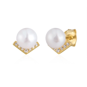 Elegant S925 silver V-shape pearl earrings with sparkling zircon accents on white base