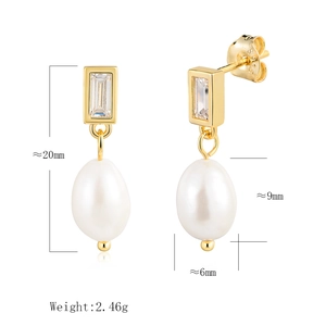 Boucles d'oreilles perles en argent S925 avec zircon rectangulaire et dimensions
