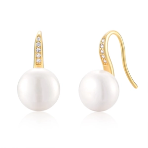 Classic S925 silver pearl drop earrings with sparkling cubic zirconia in gold plating