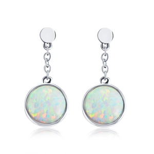 Minimalist silver plated round opal drop earrings with rainbow color fire effect