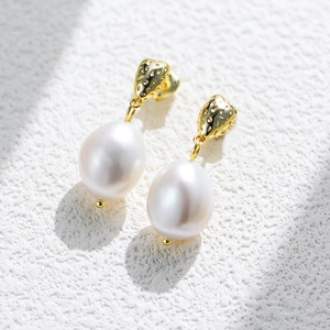 Baroque natural pearl drop earrings with golden strawberry texture and S925 silver base