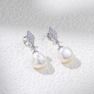 S925 sterling silver geometric diamond stud earrings with baroque natural pearls