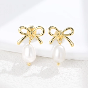925 Sterling Silver Bowknot Freshwater Pearl Stud Earrings Gold Silver Plated Bow Tie Earrings For Women Jewelry Gift