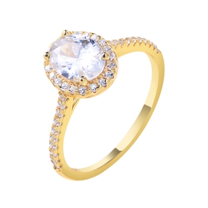 Elegant gold plated S925 silver ring featuring an oval zircon center stone and halo setting