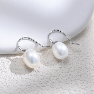 Elegant S925 silver hook earrings with natural white baroque pearls on stone base