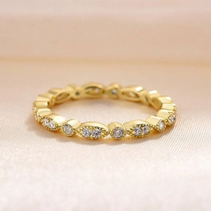 Elegant gold S925 silver stacked ring with marquise-cut zircons and vintage bead edges