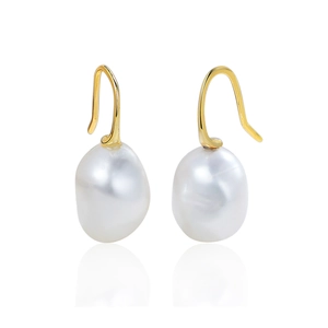 Elegant s925 silver gold-plated hooks with irregular natural baroque pearls on white background