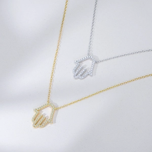 Hamsa Hand Anhänger Halskette aus S925 Sterlingsilber mit Zirkonia in Gold und Silber