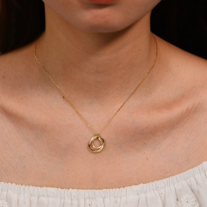 S925 silver gold-plated necklace featuring interlocking rings with pavé cubic zirconia
