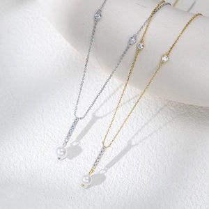 Elegant S925 sterling silver pearl necklace with cubic zirconia geometric pendants