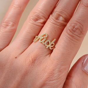 Bague en argent S925 doré avec lettres cursives et micro-pavage de zircons cubiques