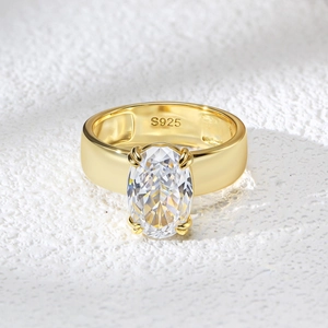 Classic S925 sterling silver ring with gold plating and large oval cut zircon stone
