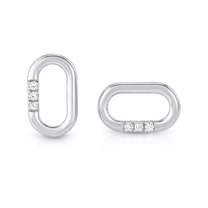Macro view of S925 silver oval earrings with three aligned vertical zircons on white background
