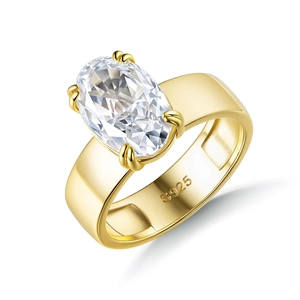 Classic S925 silver gold-plated ring with large oval ice flower cut zircon in four-prong setting
