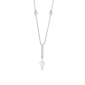 Detailed view of S925 silver necklace with zircon bar and a lustrous round white pearl
