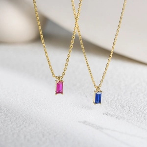 Elegant S925 silver gold plated necklace with emerald cut ruby and sapphire zircon pendants