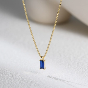 Minimalist S925 silver gold necklace with rectangle blue zircon pendant in 4-prong setting