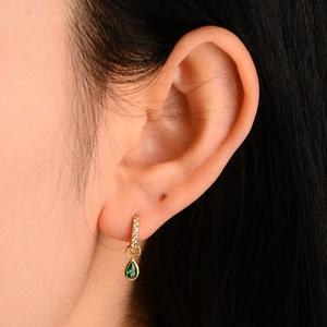 S925 Sterling Silver Gold Hoop Earrings with Emerald Zircon Pear Pendant and Zirconia Accents